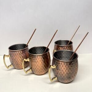 Stainless Steel Antique Copper Finish Moscow Mule Mugs w Straws Set of 4